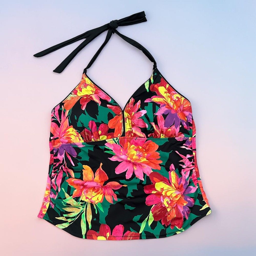 Women with Control Renee Greenstein Floral Halter Tankini Top Black Pink Size 14